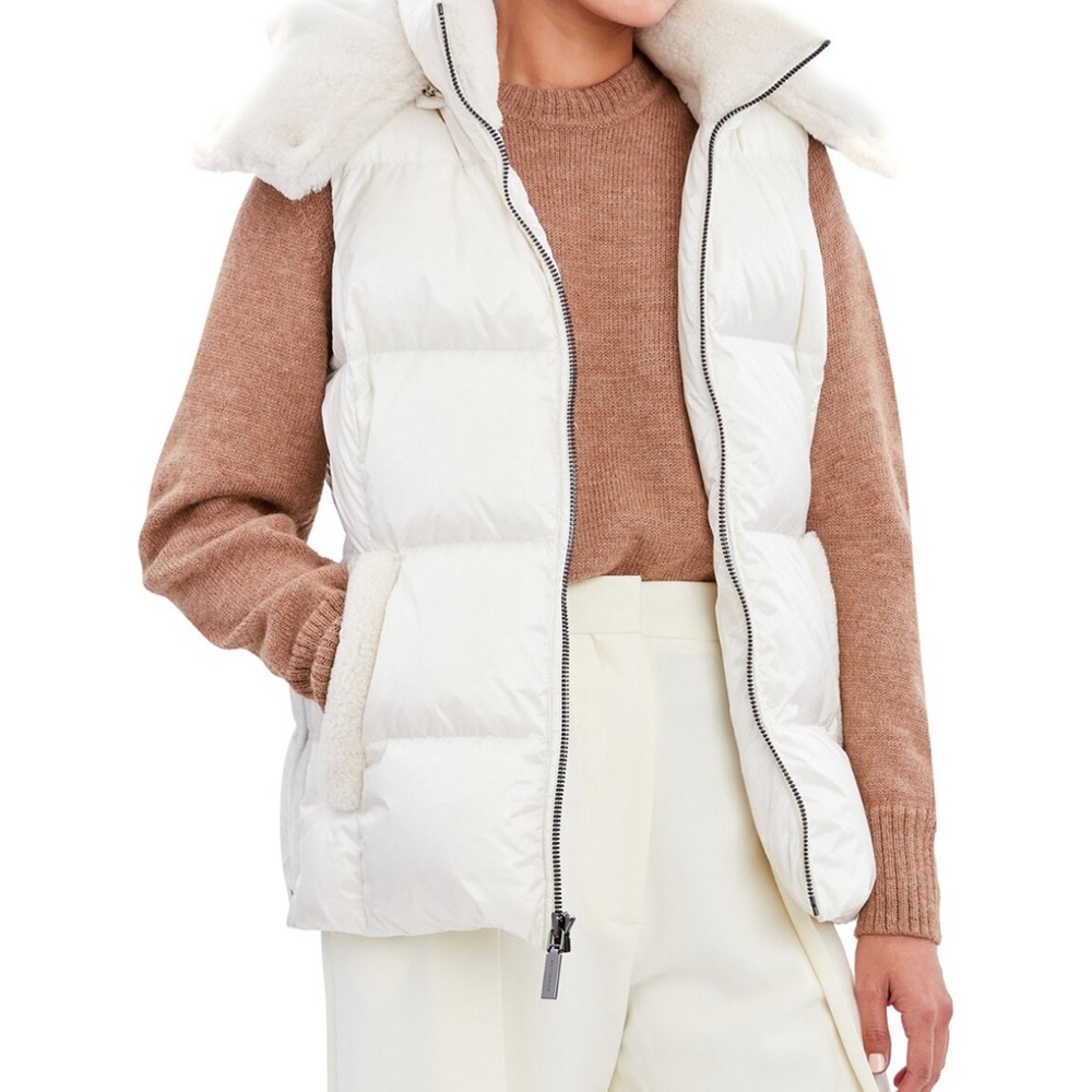 Chic White Puffer Vest with Tan Sweater